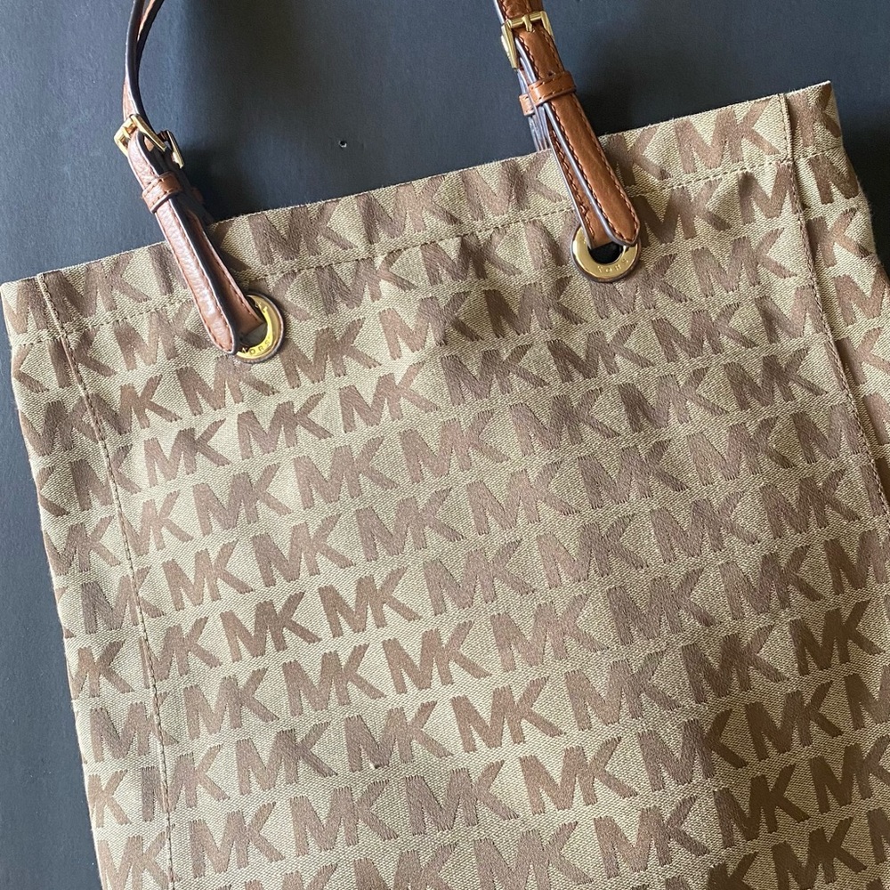 Michael Kors Tan and Brown MK Monogram Tote